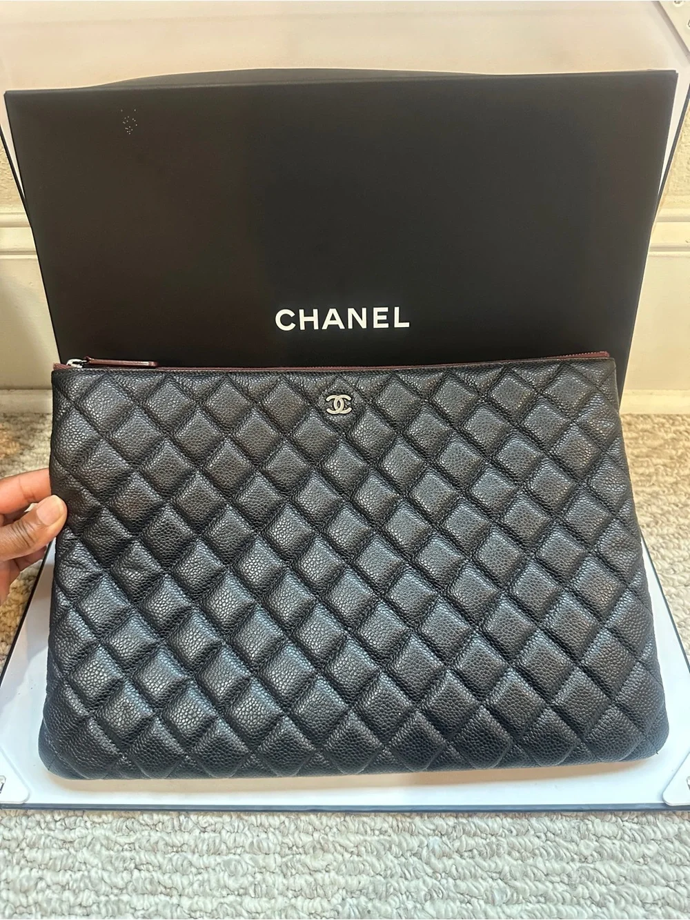 Chanel Large O-Case Black Caviar Leather Quilted Zip Pouch Burgundy Interior
